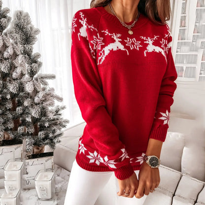 Knitted Round Neck Casual Long Sleeve Christmas Deer Jumper Sweater Sweaters-L