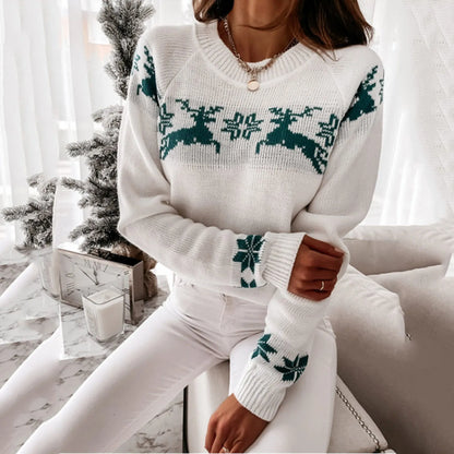 Knitted Round Neck Casual Long Sleeve Christmas Deer Jumper Sweater Sweaters-L