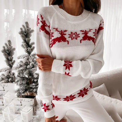 Knitted Round Neck Casual Long Sleeve Christmas Deer Jumper Sweater White / S Sweaters-L