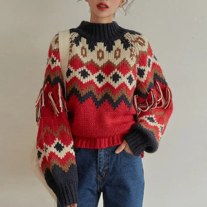 Vintage Warm Jacquard Knit Boho Tassel Christmas Sweater Red / One Size Sweaters-L