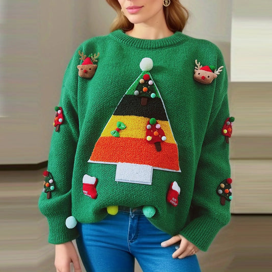 Christmas Tree Jacquard Three Decorated Round Neck Long Sleeve Fleece Sweater Green / S Sweaters-L