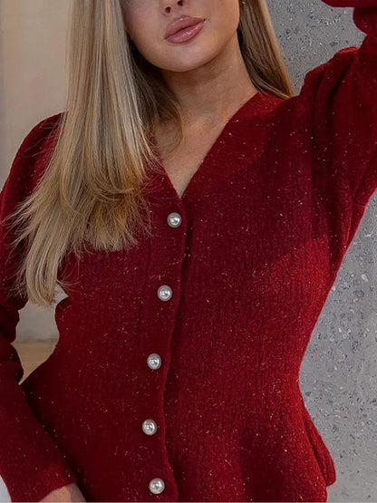 Vintage Pearl Button Slim Fit V-Neck Long Sleeve Christmas Sweater Sweaters-L