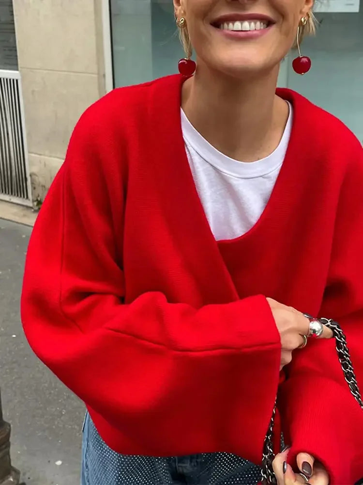 Vintage Loose Casual V Neck Long Sleeve Pullover Christmas Sweater Sweaters-L