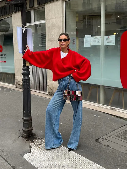 Vintage Loose Casual V Neck Long Sleeve Pullover Christmas Sweater Sweaters-L