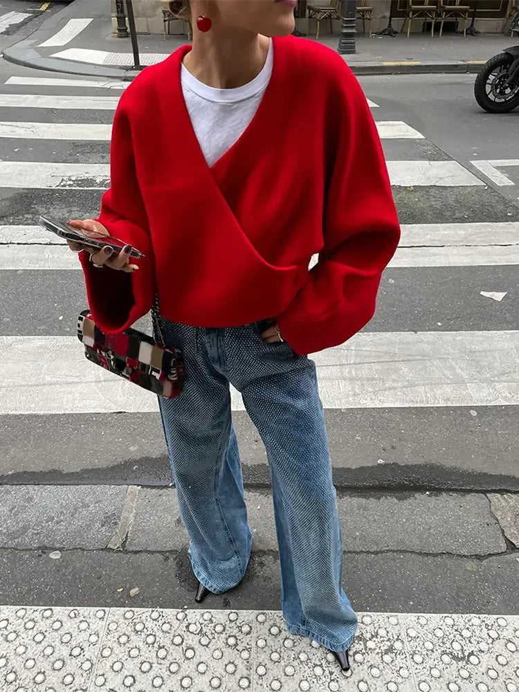 Vintage Loose Casual V Neck Long Sleeve Pullover Christmas Sweater Sweaters-L