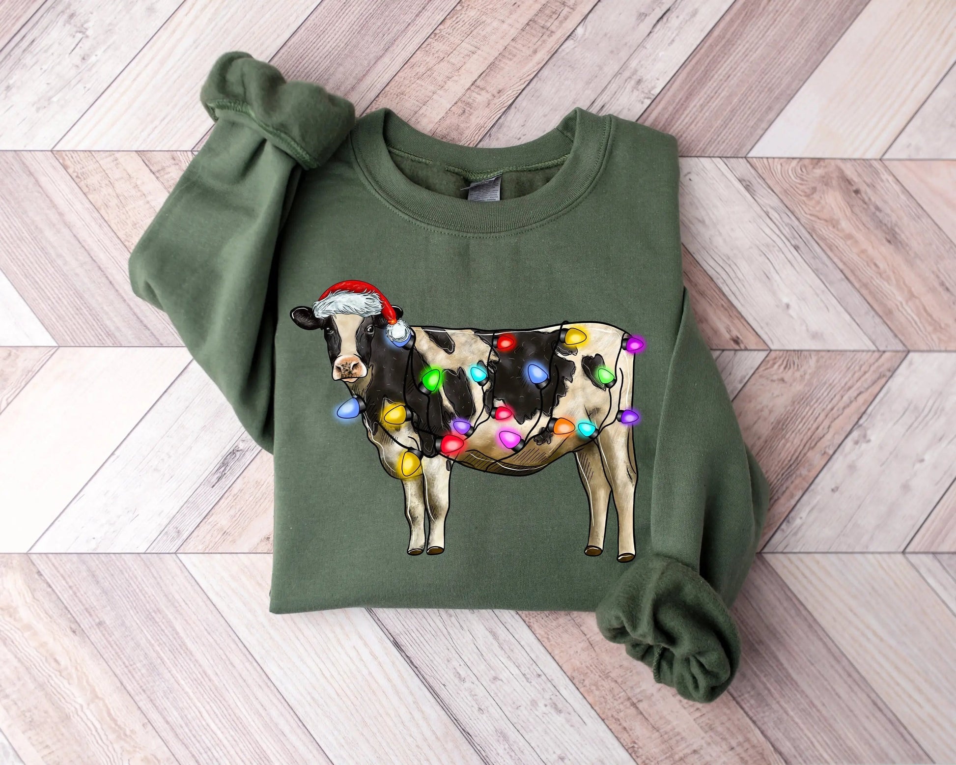 Christmas Cow Lights Hoodie - Farm Sports Model Green / S Hoodies-L