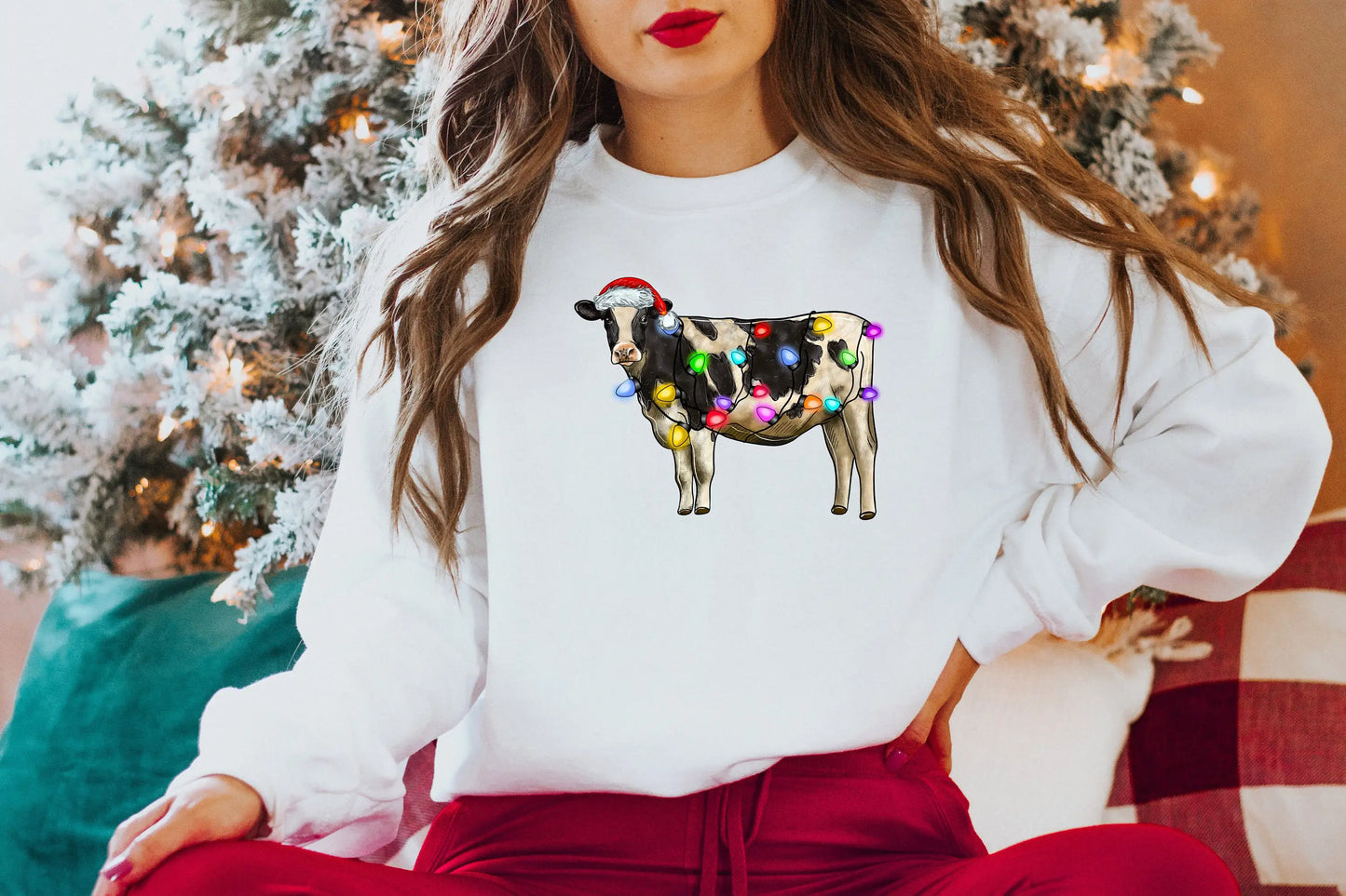 Voguish Christmas Cow Lights Leisure Sports Model Farm Hoodie White / S Hoodies-L