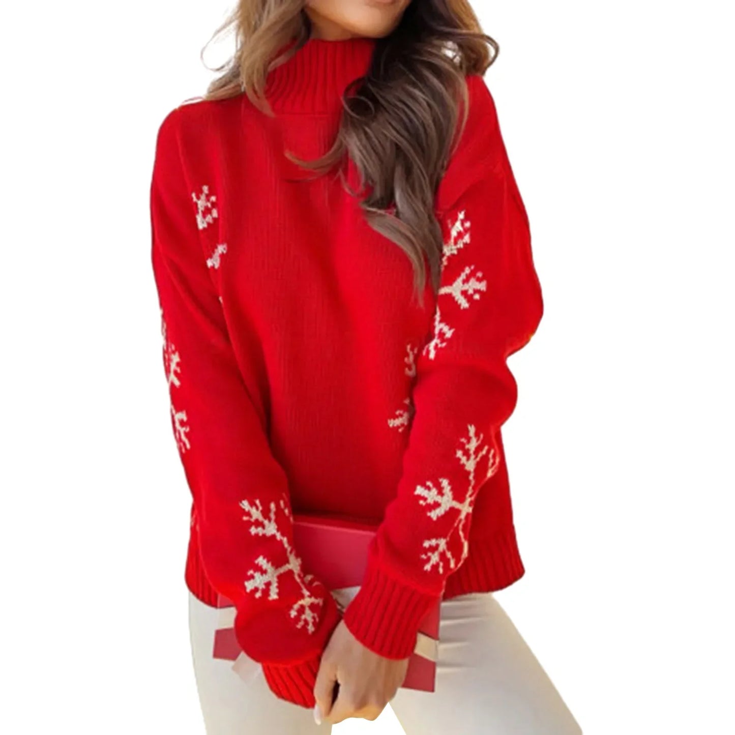 High Collar Snowflake Print Loose Fit Long Sleeve Knit Christmas Sweater Red / S Sweaters-L