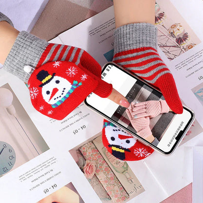Christmas Elk Printed Knitted Flip Half Finger Winter Glove Gloves-L