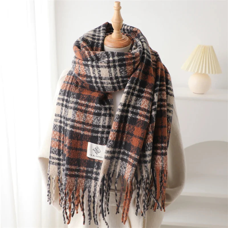 Korean Style Plaid Cashmere Pashmina Wrap Scarf - Winter Warm And Thick Black-Orange Scarfs-L