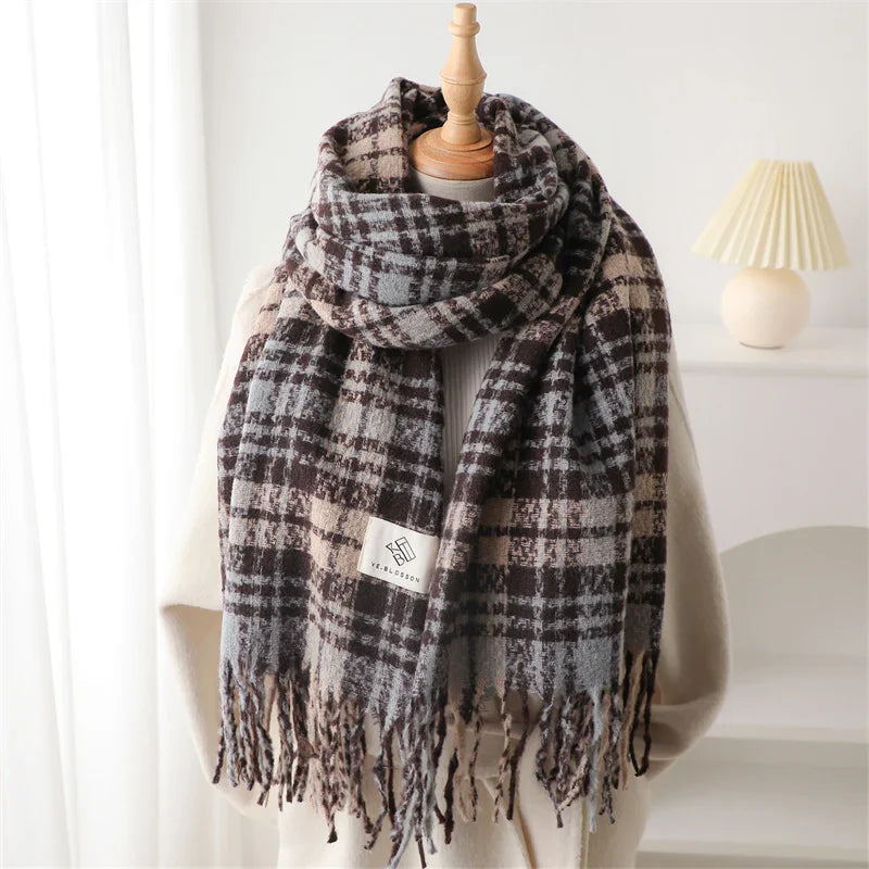 Korean Style Plaid Cashmere Pashmina Wrap Scarf - Winter Warm And Thick Light Blue Scarfs-L