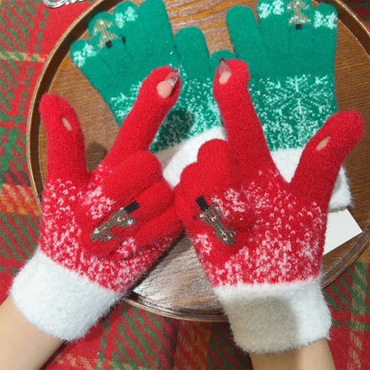 Cashmere Christmas Tree Knit Skiing Full Finger Plush Gloves Gloves-L