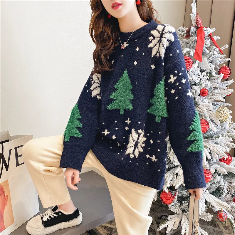 Korean Version Sweet Embroidery Versatile Long Sleeves Pullover Christmas Sweater Navy Blue / One