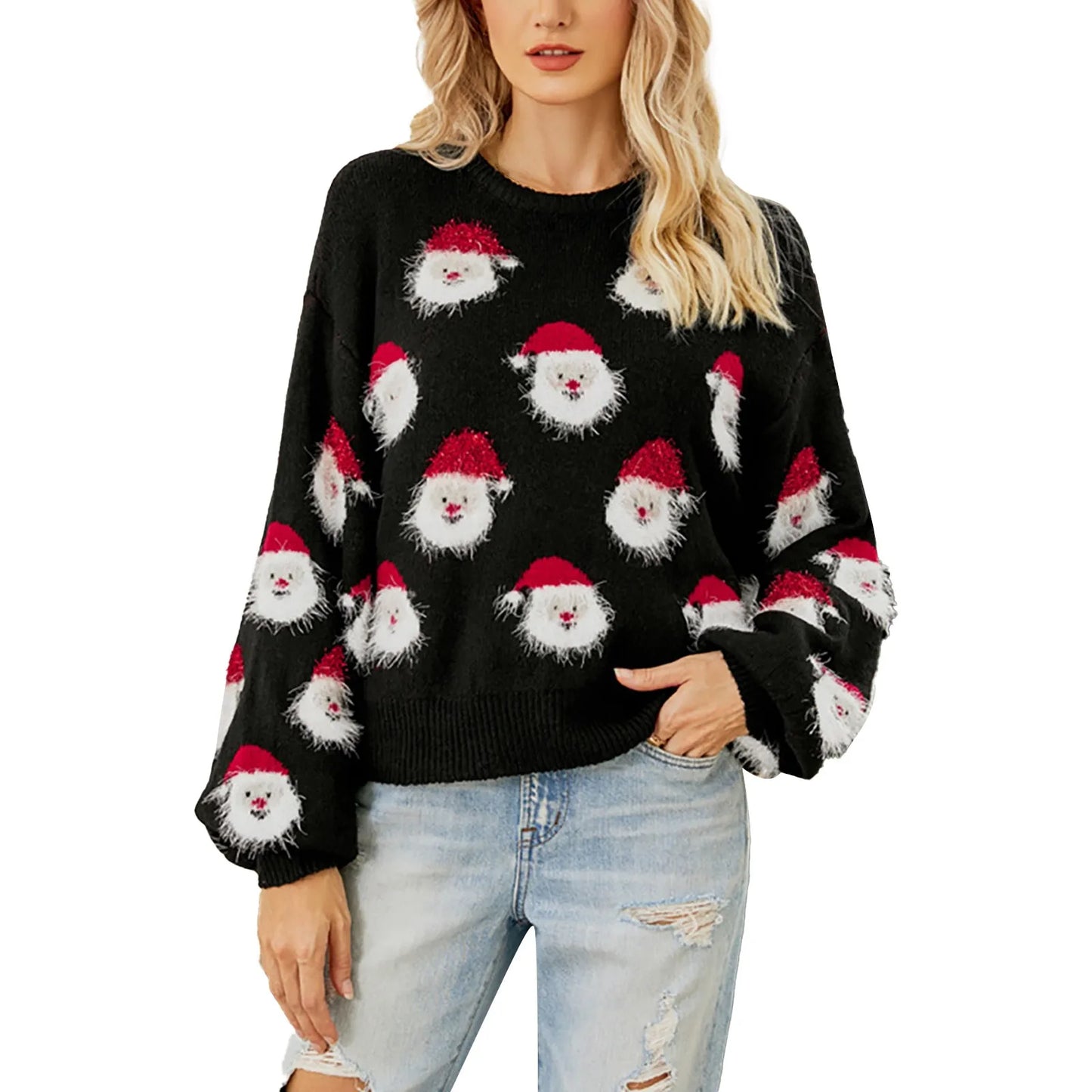 Cute Santa Head Pattern Winter Fleece Crewneck Christmas Sweater Black / S Sweaters-L