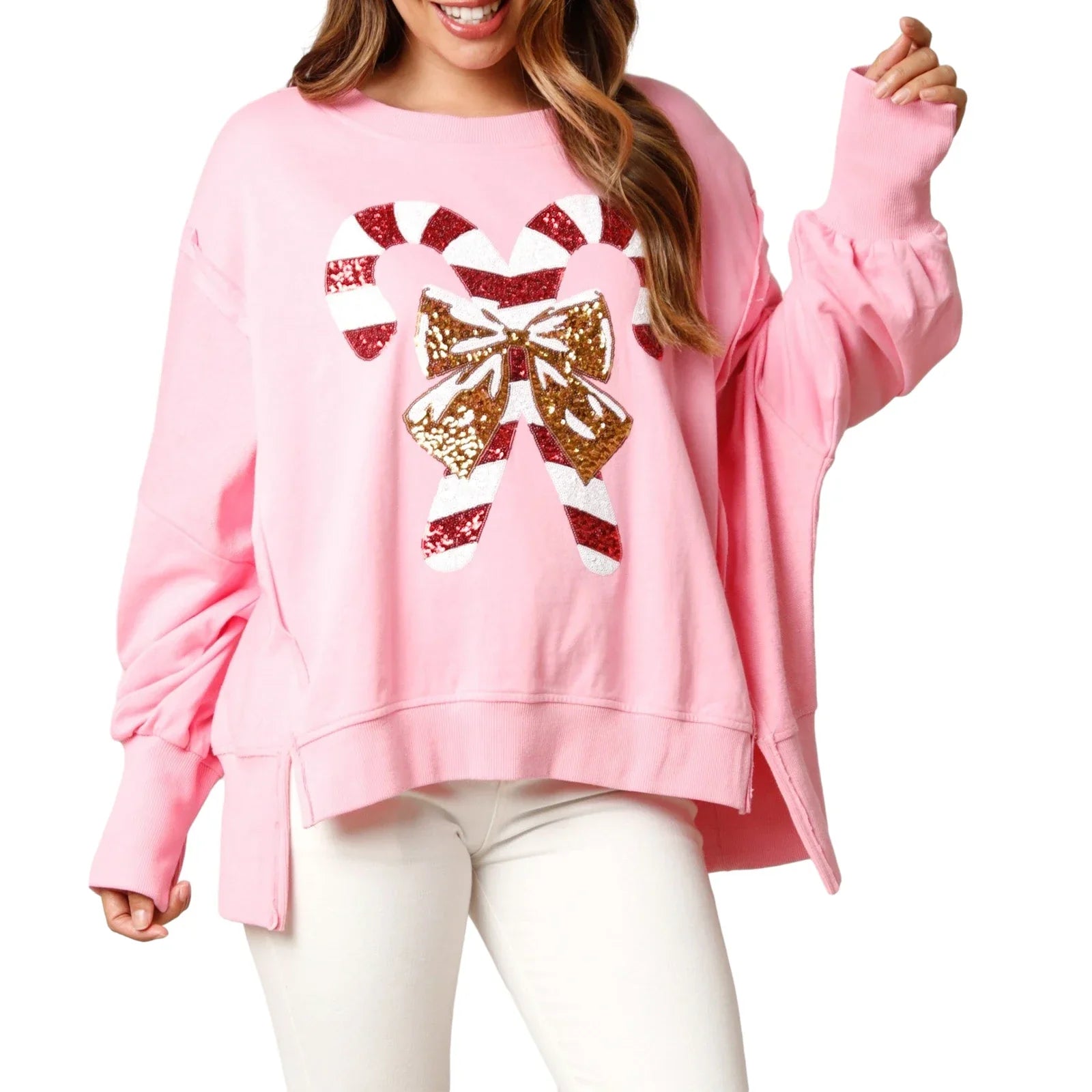 Christmas Sequin Candy Cane Holiday Oversized Side Slit Sparkly Pullover Hoodie Pink / S Hoodies-L