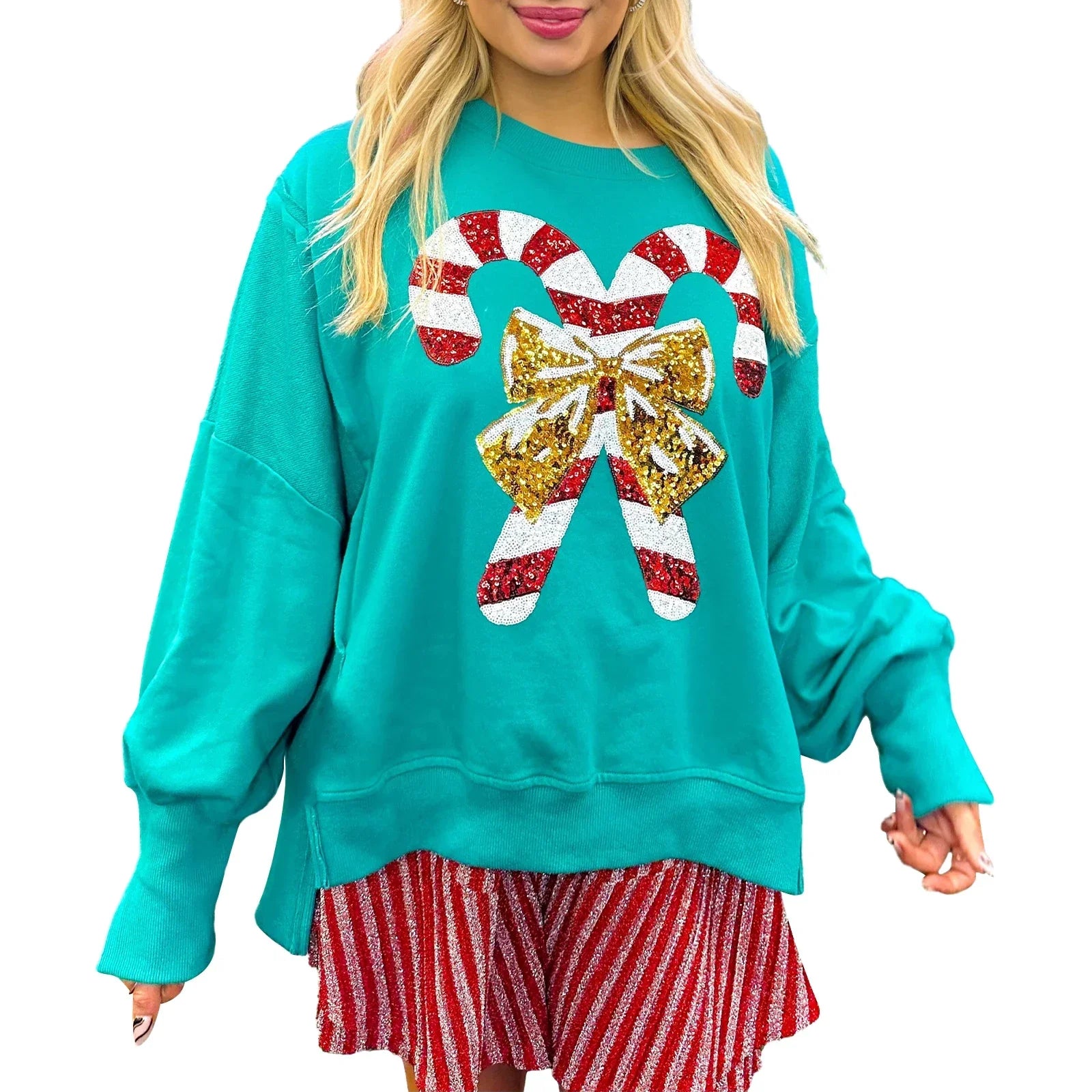 Christmas Sequin Candy Cane Holiday Oversized Side Slit Sparkly Pullover Hoodie Green / S Hoodies-L