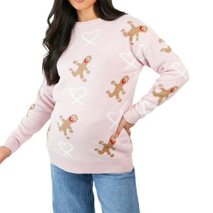 Christmas Gingerbread Print Long Sleeve Round Neck Casual Loose Sweater Pink / S Sweaters-L