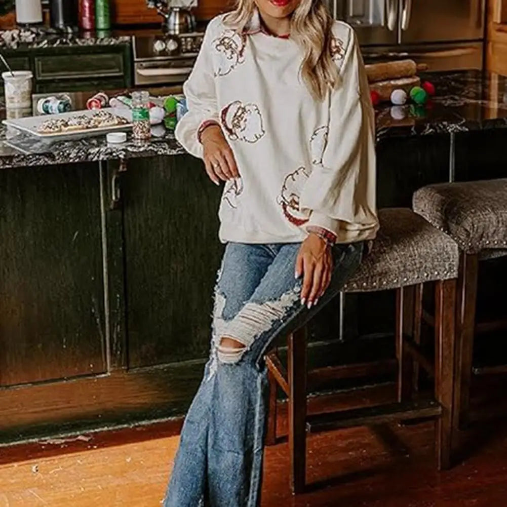 Round Neck Sequin Santa Pattern Loose Lantern Sleeves Christmas Hoodie Hoodies-L