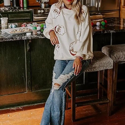 Round Neck Sequin Santa Pattern Loose Lantern Sleeves Christmas Hoodie Hoodies-L