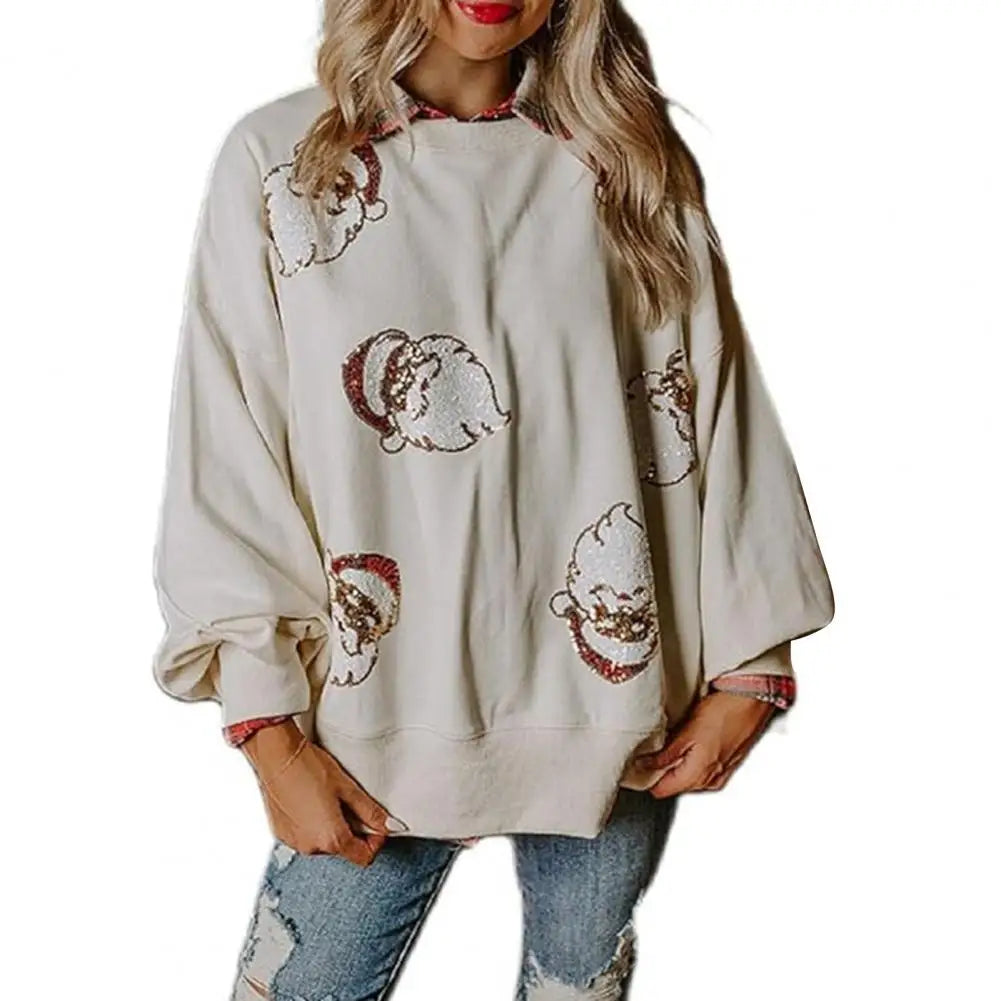 Round Neck Sequin Santa Pattern Loose Lantern Sleeves Christmas Hoodie White / S Hoodies-L