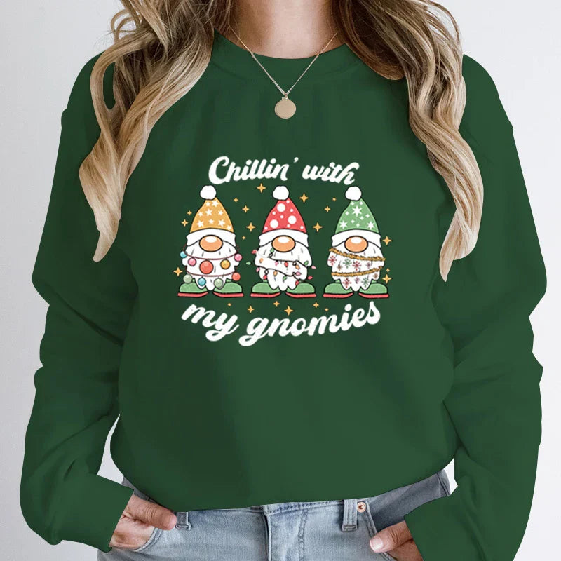 Hoodless Light Chillin’ Gnomies Round Neck Pullover Christmas Hoodie Army Green / S Hoodies-L