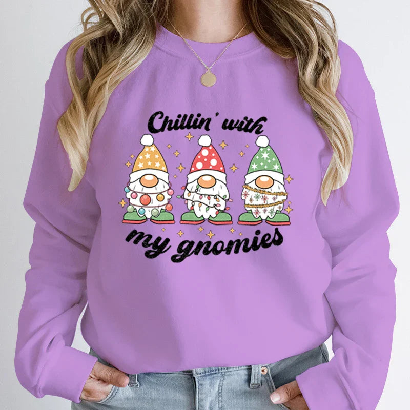 Hoodless Light Chillin’ Gnomies Round Neck Pullover Christmas Hoodie Purple / S Hoodies-L