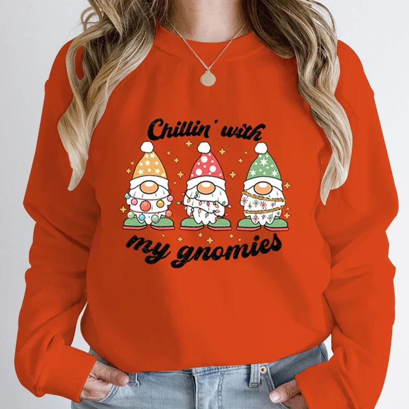 Hoodless Light Chillin’ Gnomies Round Neck Pullover Christmas Hoodie Orange / S Hoodies-L