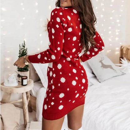 Red Jacquard Knitted Long Sleeve Crochet Christmas Sweater Sweaters-L