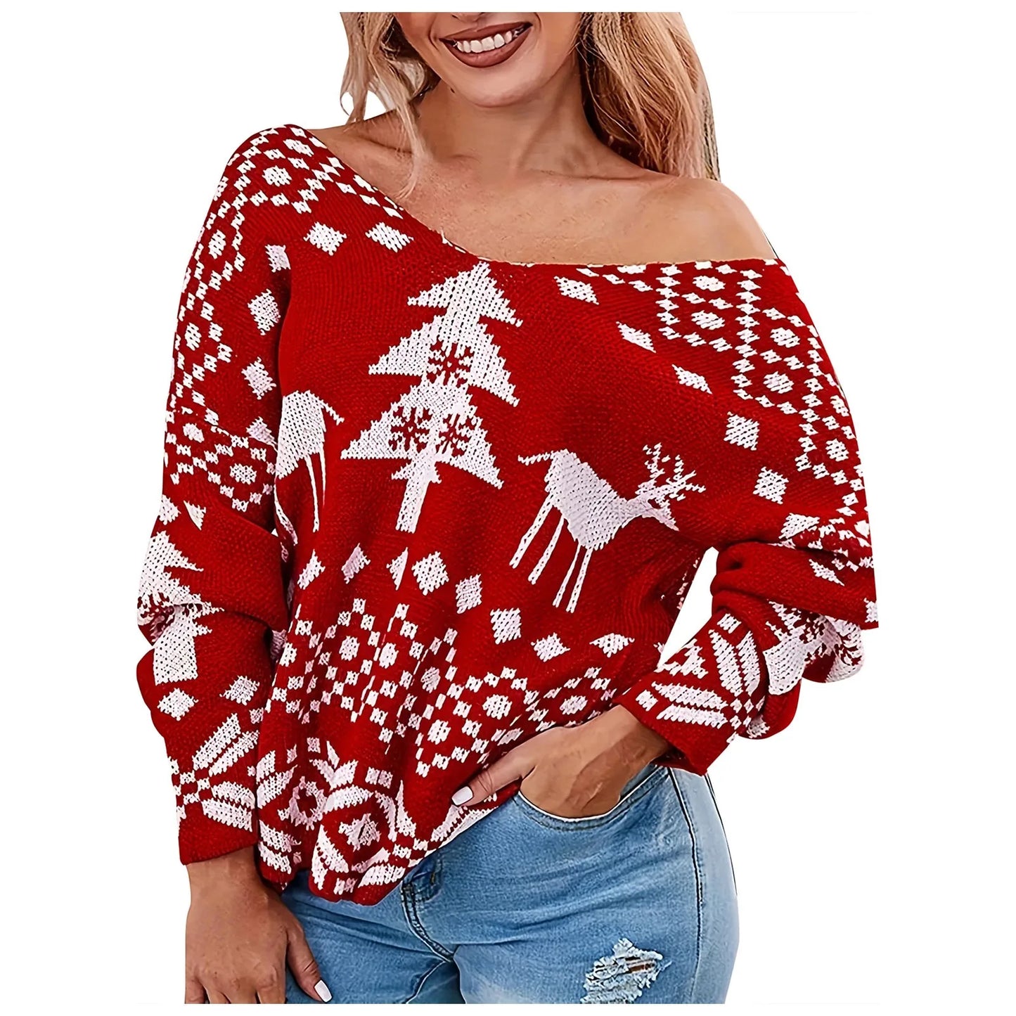 Sexy Oversized Low Back Deep V-Neck Hot Red Pullover Christmas Sweater Sweaters-L