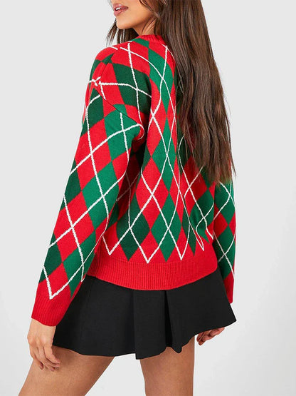 Christmas Sweater Button Diamond Cardigan Cardigan-241208