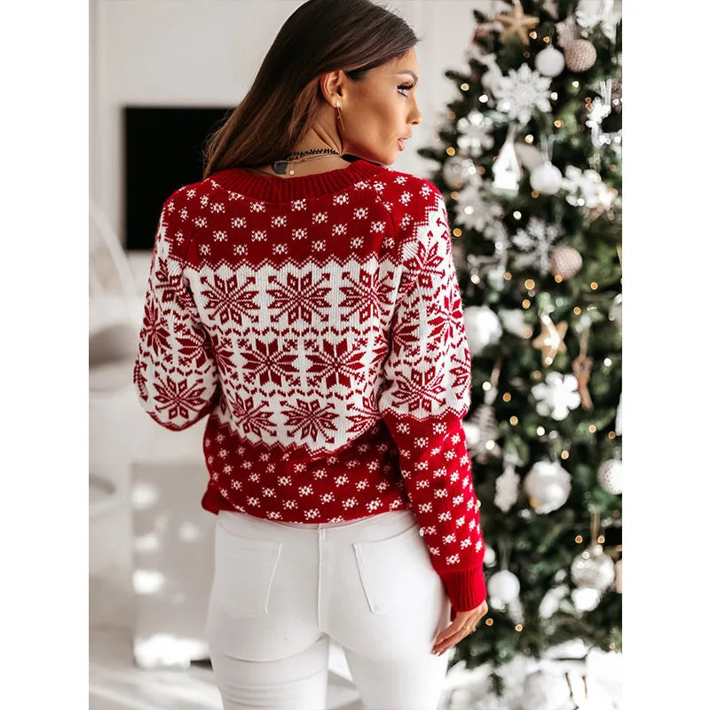 Christmas Snowflake Printed Long Sleeve O Neck Ladies Jumper Sweater Sweaters-L