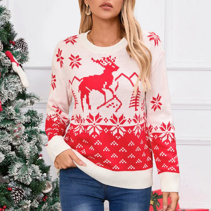 Christmas Snowflake Printed Long Sleeve O Neck Ladies Jumper Sweater Sweaters-L