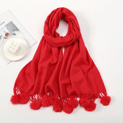 Rabbit Fur Ball Cashmere Pompom Oversize Blanket Scarf For Women Red Scarfs-L