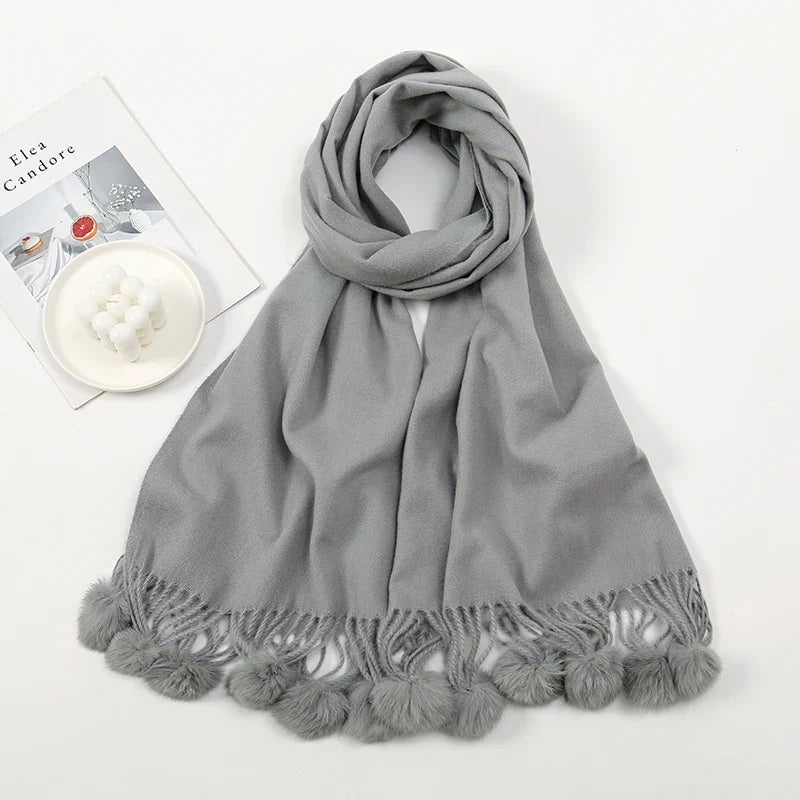 Rabbit Fur Ball Cashmere Pompom Oversize Blanket Scarf For Women Grey Scarfs-L