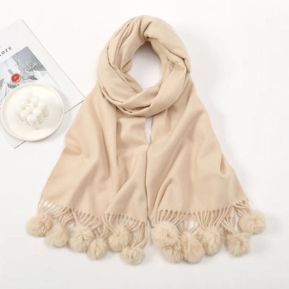 Rabbit Fur Ball Cashmere Pompom Oversize Blanket Scarf For Women Light Khaki Scarfs-L