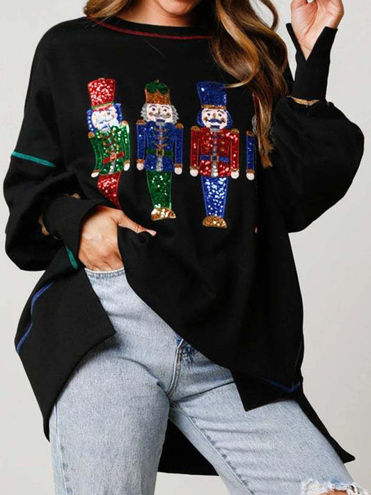 Y2K Nutcracker Graphic Sequin Long Sleeve Crewneck Pullover Christmas Hoodie Black / S Hoodies-L