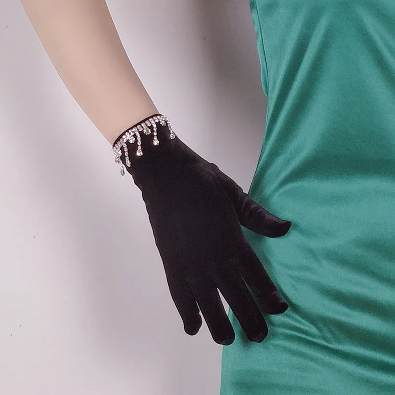 Golden Velvet Tassel Rhinestone Full Finger Christmas Glove For Makeup Party Opera Dance Gloves-L