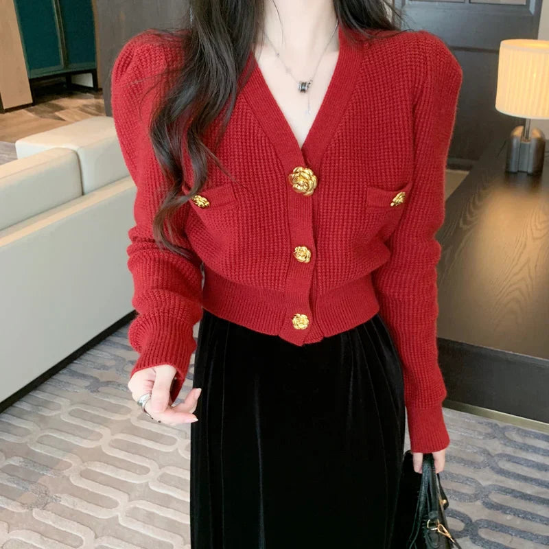 V-Neck Long Sleeved Cardigan Jacket Warm Black Red Christmas Sweater Sweaters-L