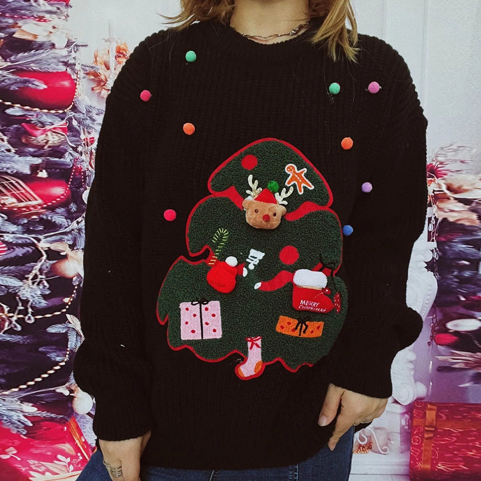 Christmas Handmade Decoration Tree Closet Staples Work Pullover Sweater Black / S Sweaters-L