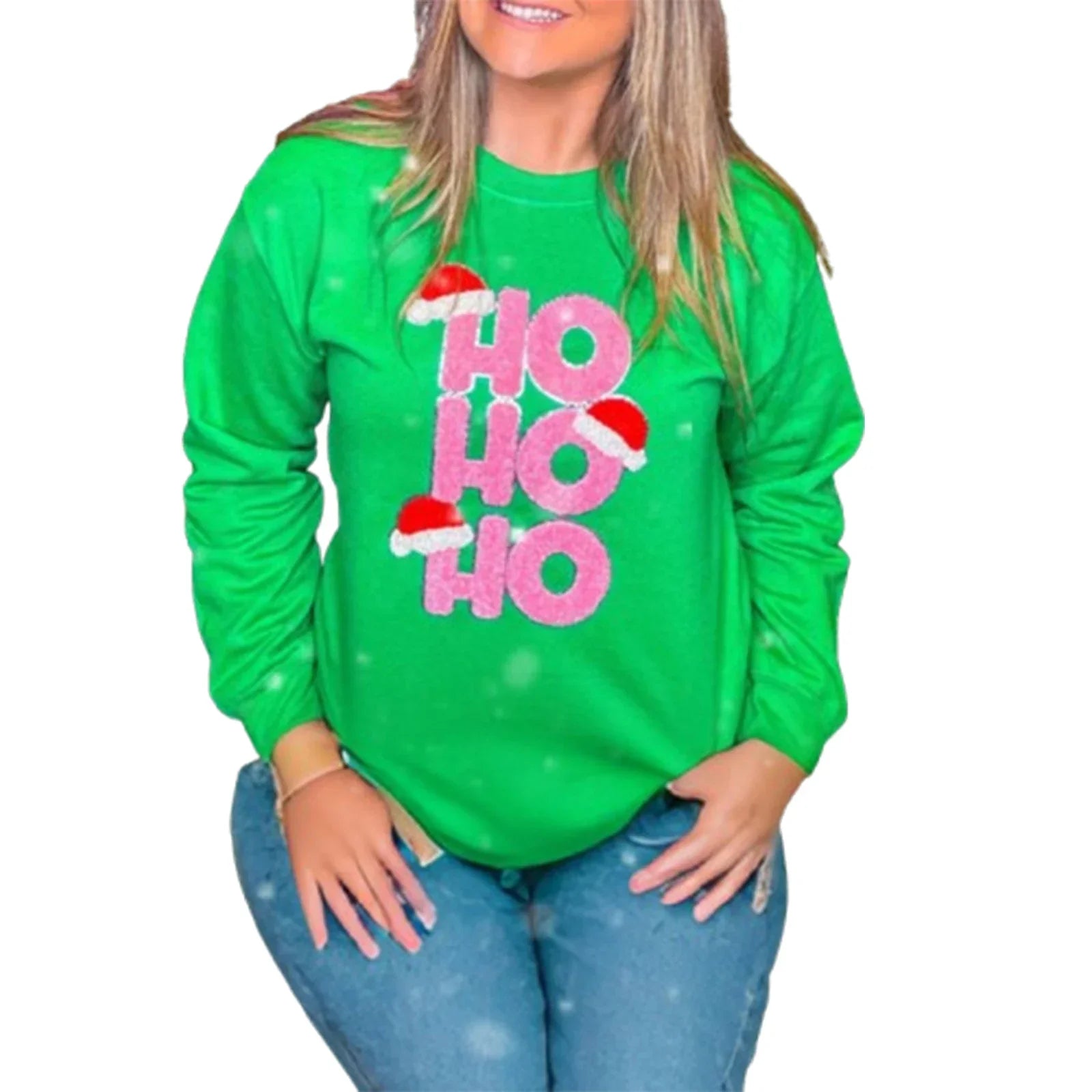 Loose Pullover Snowflake Letter Embroidery Crew Neck Long Sleeve Christmas Hoodie Green / S
