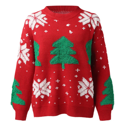 Christmas Tree Print Round Neck Long Sleeve Warm Knitwear Casual Sweater Sweaters-L