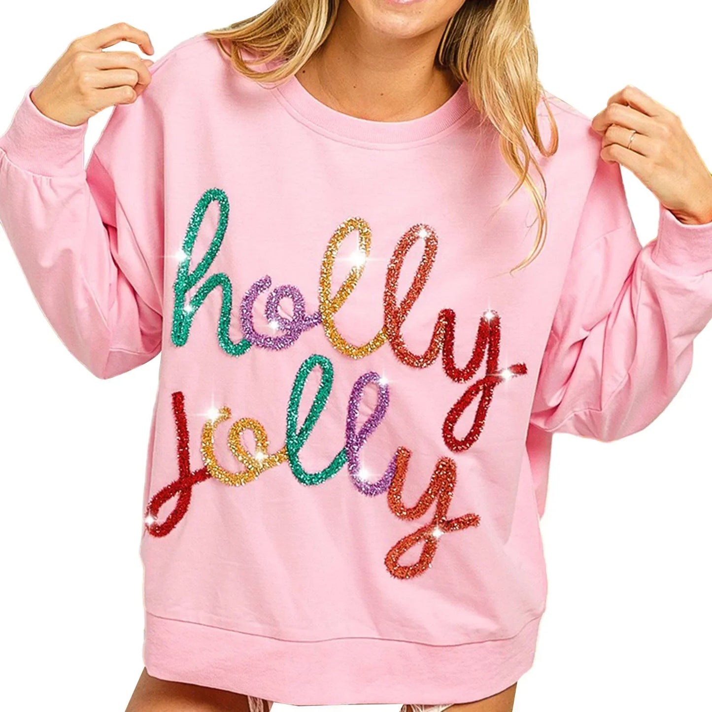 Fall Sequin Letter Pattern Long Sleeve Round Neck Loose Christmas Hoodie Pink / S Hoodies-L