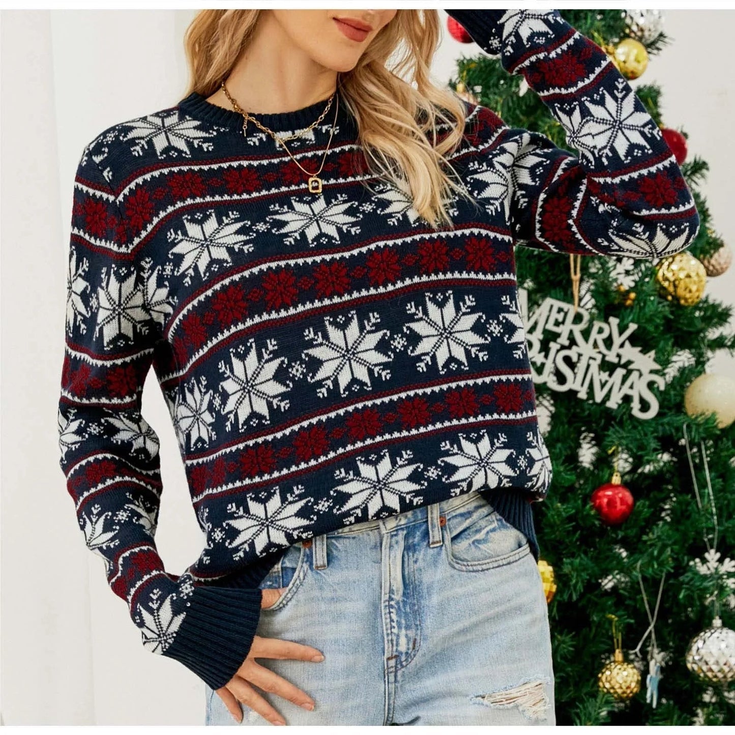 Christmas Snowflake Acrylic Knitted Loose Tops Sweater Sweaters-L