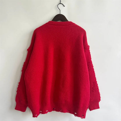 New O-Neck Lantern Sleeve Loose Knitted Casual Christmas Sweater Sweaters-L