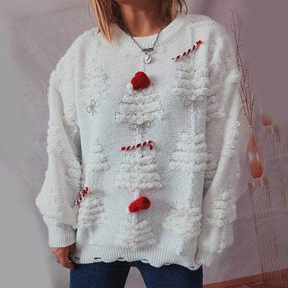 New O-Neck Lantern Sleeve Loose Knitted Casual Christmas Sweater White / S Sweaters-L