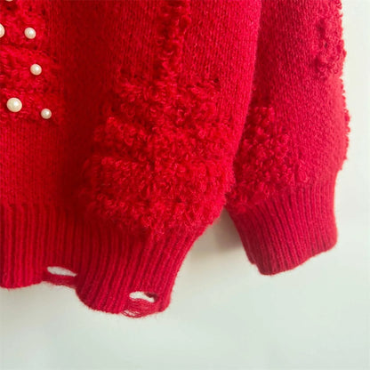 New O-Neck Lantern Sleeve Loose Knitted Casual Christmas Sweater Sweaters-L