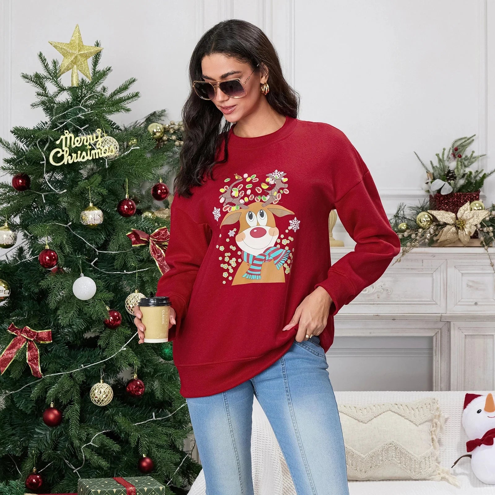 Christmas Deer Print Crew Neck Fall Winter Long Sleeve Casual Hoodie Red / S Hoodies-L