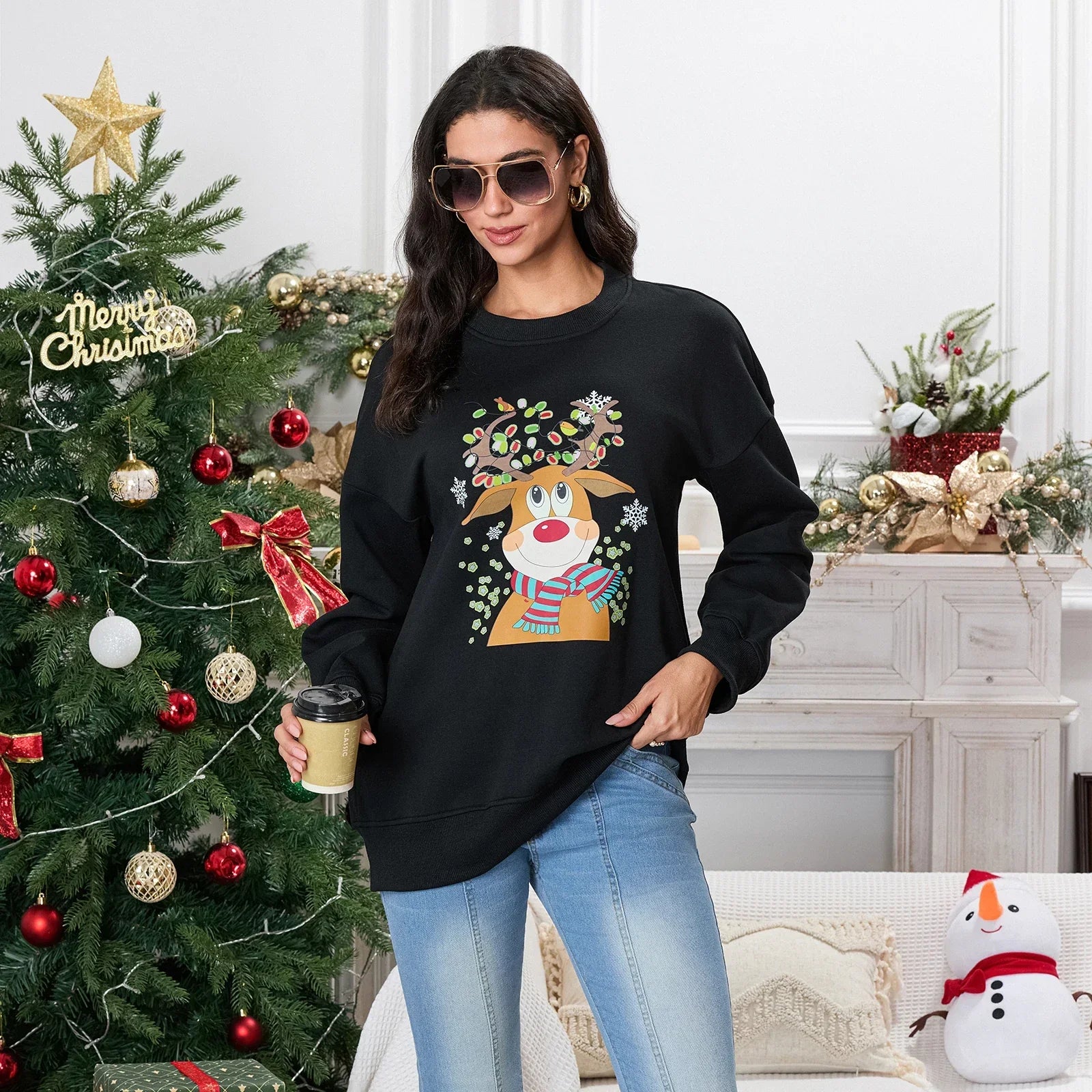 Christmas Deer Print Crew Neck Fall Winter Long Sleeve Casual Hoodie Black / S Hoodies-L