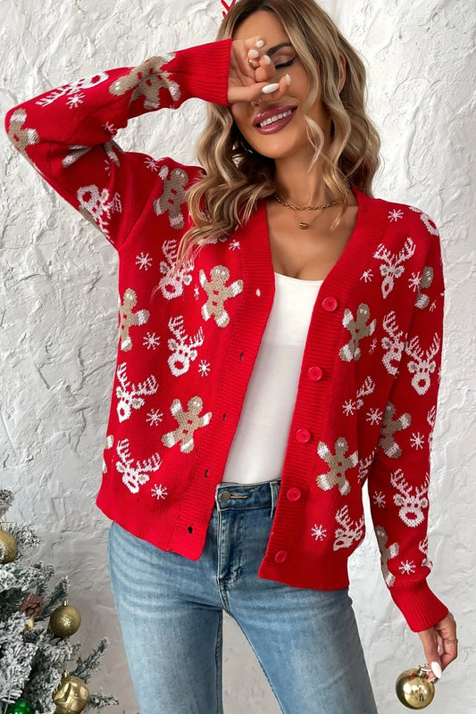 Reindeer Print Plush Knit Christmas Cardigan