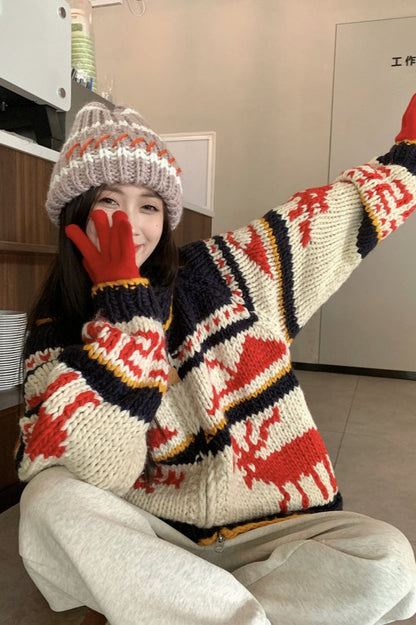 Knitted Relaxed Christmas Deer Striped Sweater